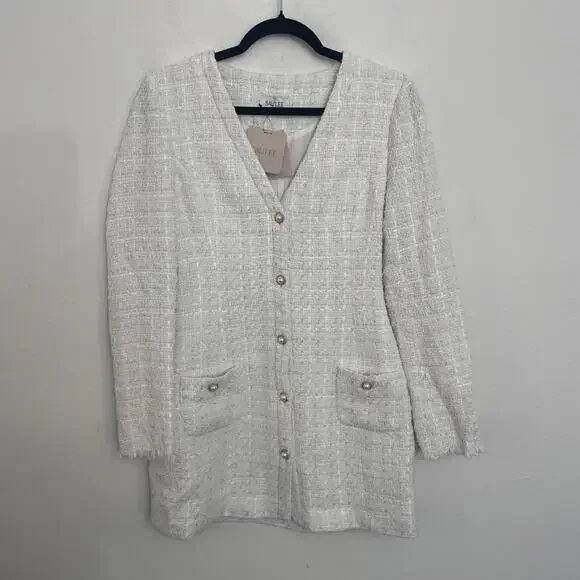 Sau Lee Audrey Dress tweed pearl front buttonivory size 4 NWT $420msrp -  glamglitzgraceboutique.com